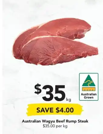 Drakes Autralian Wagyu Beef Rump Steak per kg offer