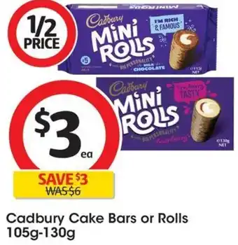 Coles Cadbury Cake Bars or Rolls 105g-130g offer