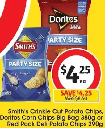 Coles Smith's Crinkle Cut Potato Chips, Doritos Corn Chips Big Bag 380g or Red Rock Deli Potato Chips 290g offer