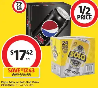 Coles Pepsi Max or Solo Soft Drink 24x375mL offer