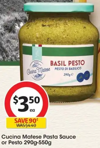 Coles Cucina Matese Pasta Sauce or Pesto 290g-550g offer