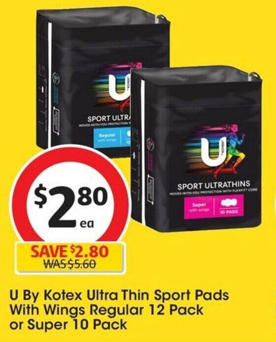 U By Kotex Ultra Thin Sport Pads With Wings Regular 12 Pack or Super 10