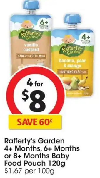 Coles Rafferty's Garden 4+ Months, 6+ Months or 8+ Months Baby Food Pouch 120g offer