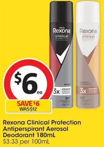 Coles Rexona Clinical Protection Antiperspirant Aerosol Deodorant 180mL offer