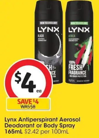 Coles Lynx Antiperspirant Aerosol Deodorant or Body Spray 165mL offer
