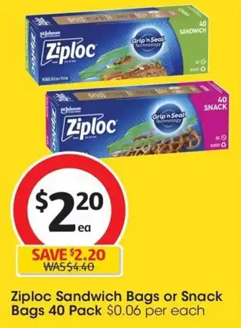 Coles Ziploc Sandwich Bags or Snack Bags 40 Pack offer