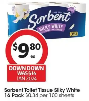 Coles Sorbent Toilet Tissue Silky White 16 Pack offer