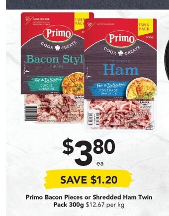 Drakes Primo Bacon Pieces or Shredded Ham Twin Pack 300g offer