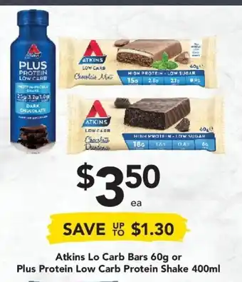 Drakes Atkins Lo Carb Bars 60g or Plus Protein Low Carb Protein Shake 400ml offer