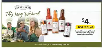 Drakes Selected Beerenberg Mustard, Chutney, Relish 260g - 300g Sauce or Dressing 300ml offer