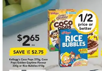 Drakes Kellogg's Coco Pops 375g, Coco Pops Golden Gaytime Flavour 330g or Rice Bubbles 410g offer