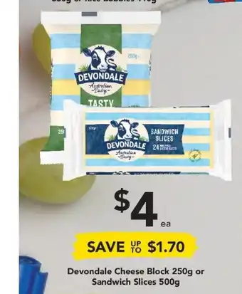 Drakes Devondale Cheese Block 250g or Sandwich Slices 500g offer