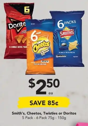 Drakes Smith's, Cheetos, Twisties or Doritos 5 Pack - 6 Pack 75g - 150g offer