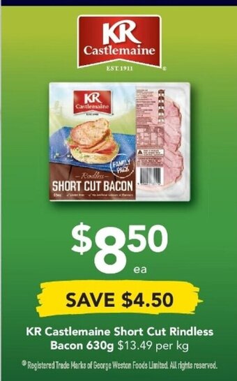 Drakes KR Castlemaine Short Cut Rindless Bacon 630g offer