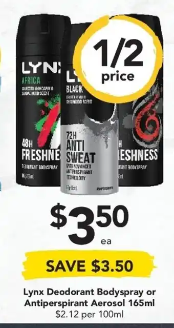 Drakes Lynx Deodorant BodySpray or Antiperpirant Aerosol 165ml offer