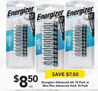 Drakes Energizer Advanced AA 10 Pack or Max Plus Advanced AAA 10 Pack offer