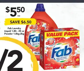 Drakes Fab Laundry Liquid 1.8lt - 2 lt or Powder 1.8kg - 2kg offer