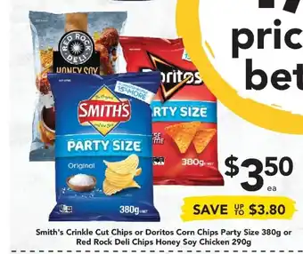 Drakes Smith's Crinkle Cut Chips or Doritos Corn Chips Party Size 380g or Red Rock Deli Chips Honey Soy Chicken 290g offer