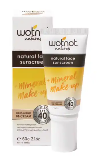 ePharmacy Wotnot spf 40 natural face sunscreen + mineral make up light or medium bb cream 60g offer