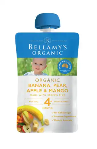 ePharmacy Bellamy's organic banana, pear, apple & mango 120g offer