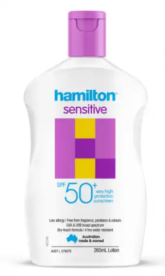 My Chemist Hamilton sun spf 50+ sensitive lotion 265ml offer
