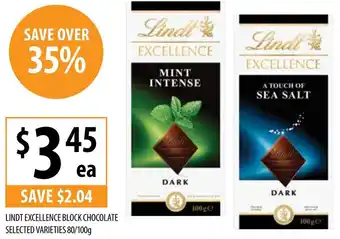Supabarn LINDT EXCELLENCE BLOCK CHOCOLATE SELECTED VARIETIES 80/100g offer