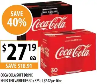 Supabarn COCA COLA SOFT DRINK SELECTED VARIETIES 30 x 375ml offer