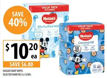 Supabarn HUGGIES BABY WIPES SELECTED VARIETIES 3 x 72/80's offer