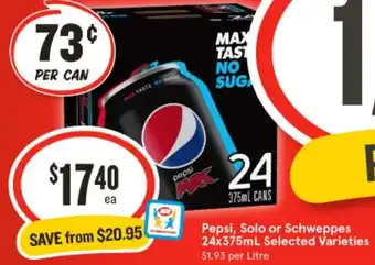 IGA Pepsi, Solo or Schweppes 24x375mL Selected Varieties offer