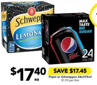 Drakes Pepsi or Schweppes 24x375ml offer