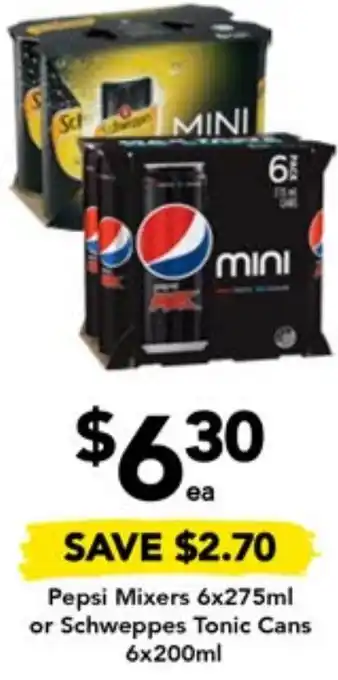 Drakes Pepsi Mixers 6x275ml or Schweppes Tonic Cans 6x200ml offer