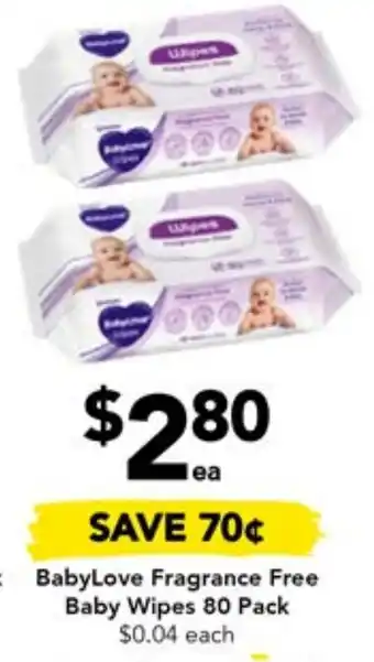 Drakes BabyLove Fragrance Free Baby Wipes 80 Pack offer