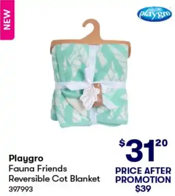 BIG W Playgro Fauna Friends Reversible Cot Blanket offer