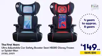 BIG W The First Years Ultra Adjustable Car Safety Booster Seat HB380 Disney Frozen or Spider-Man offer