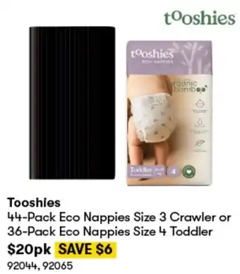 BIG W Tooshies 44-Pack Eco Nappies Size 3 Crawler or 36-Pack Eco Nappies Size 4 Toddler offer