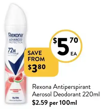 Foodworks Rexona Antiperspirant Aerosol Deodorant 220ml offer