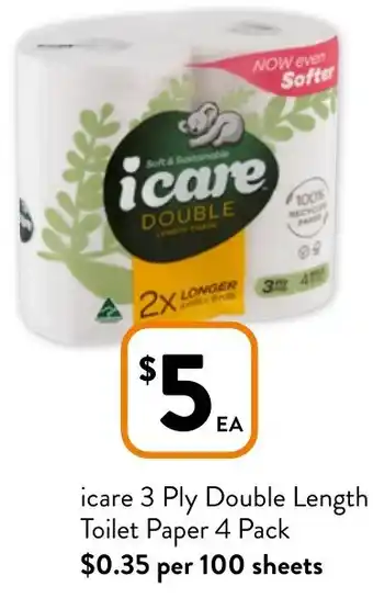 Foodworks icare 3 Ply Double Length Toilet Paper 4 Pack offer