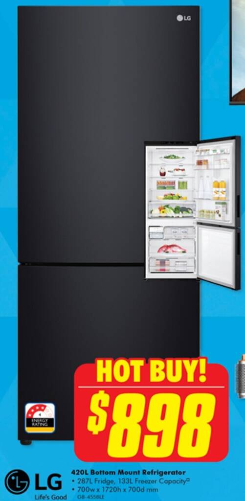 LG 420L Bottom Mount Refrigerator offer at The Good Guys