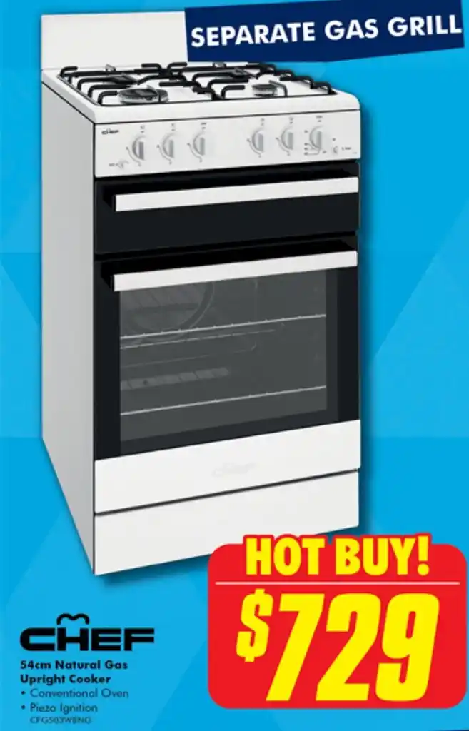 CHEF 54cm Natural Gas Upright Cooker offer at The Good Guys
