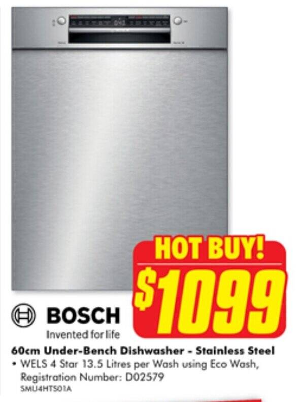 BOSCH 60cm UnderBench Dishwasher Stainless Steel offer at The Good Guys