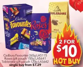 Cheap as Chips Cadbury Favourites 265g, Roses gift pouch 150g, Toblerone gift pouch 120g offer
