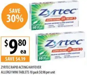 Supabarn ZYRTEC RAPID ACTING HAYFEVER ALLERGY MINI TABLETS 10 pack offer