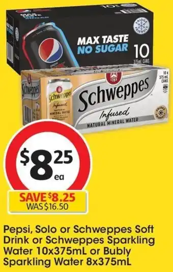Coles Pepsi, Solo or Schweppes Soft Drink or Schweppes Sparkling Water 10x375mL or Bubly Sparkling Water 8x375mL offer