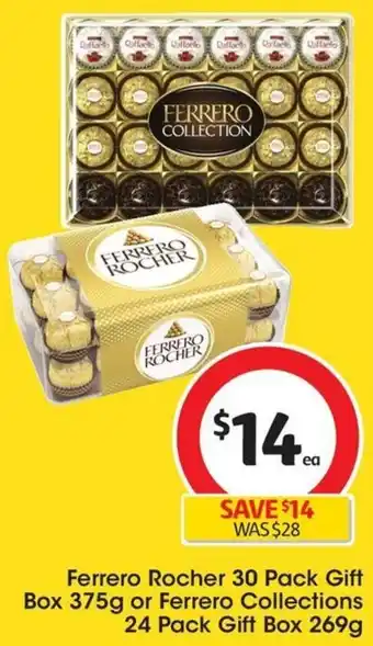Coles Ferrero Rocher 30 Pack Gift Box 375g or Ferrero Collections 24 Pack Gift Box 269g offer