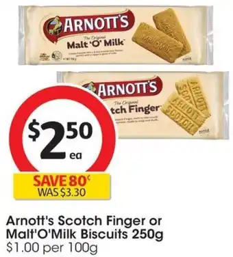 Coles Arnott's Scotch Finger or Malt'O'Milk Biscuits 250g offer