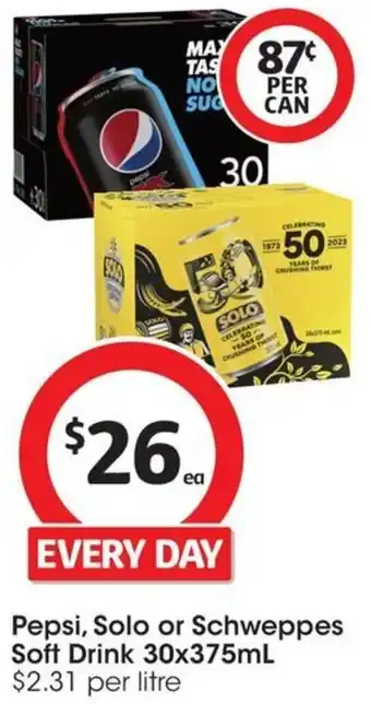 Coles Pepsi, Solo or Schweppes Soft Drink 30x375mL offer