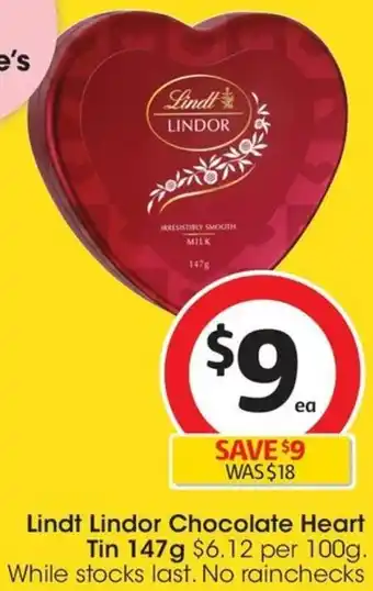Coles Lindt Lindor Chocolate Heart Tin 147g offer