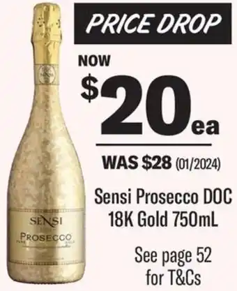Coles Sensi Prosecco DOC 18K Gold 750mL offer
