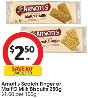 Coles Arnott's Scotch Finger or Malt'O'Milk Biscuits 250g offer
