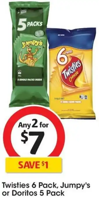 Coles Twisties 6 Pack, Jumpy's or Doritos 5 Pack offer